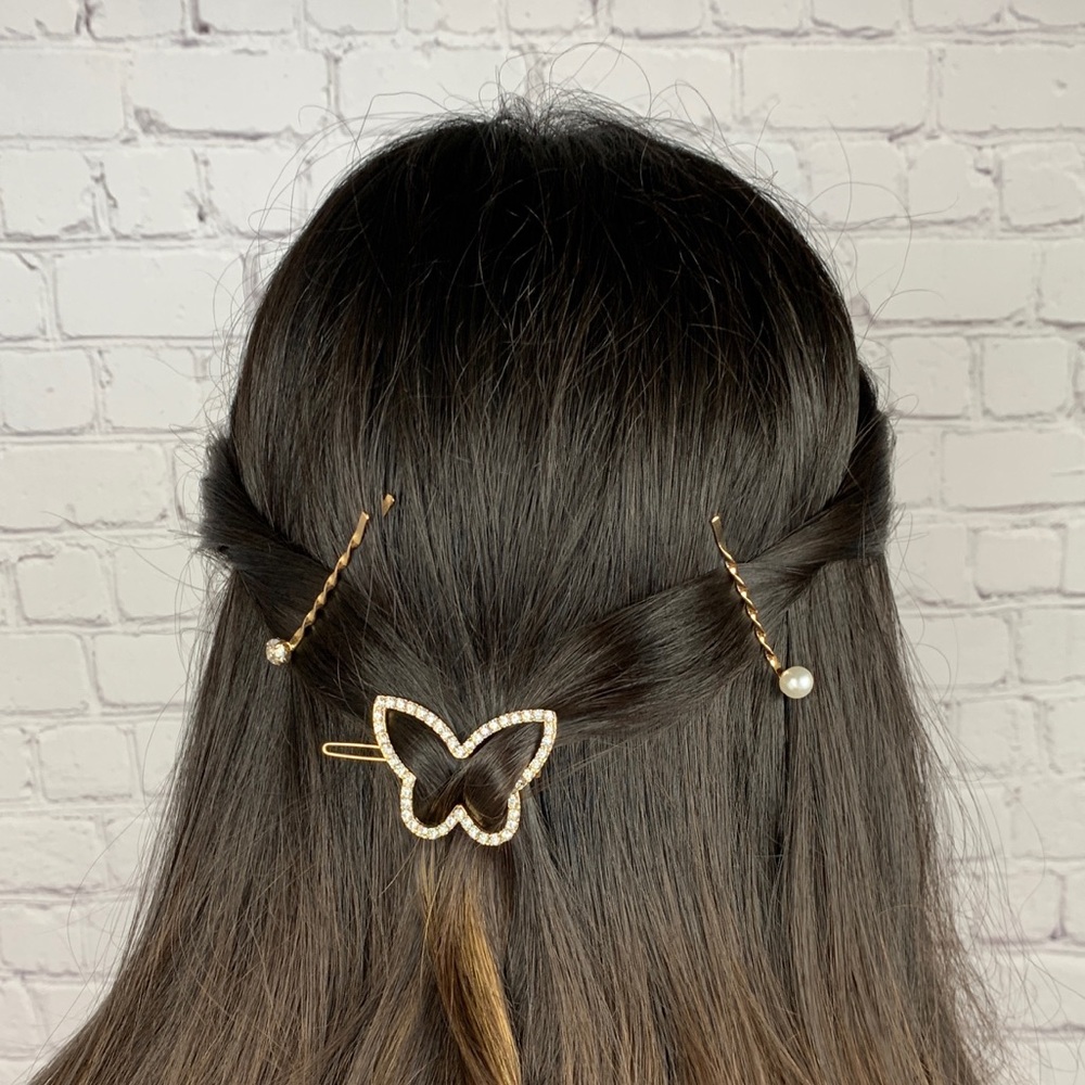 Rhinestone Butterfly & Faux Pearl Hairpins - Picture 3 of 4